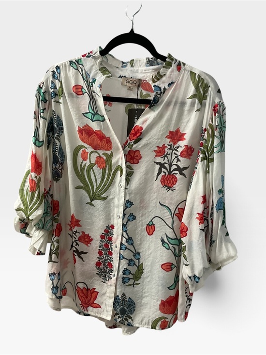 Gigio Tops - Gigio Floral Button-Front White Blouse with Red & Green Print